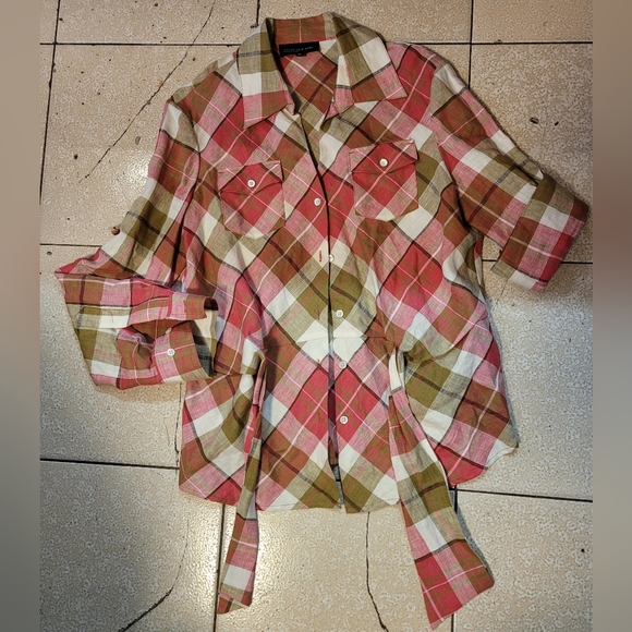 Jones New York Signature Plaid Button Shirt in Pink, Olive & Cream 100% Linen - Picture 2 of 7